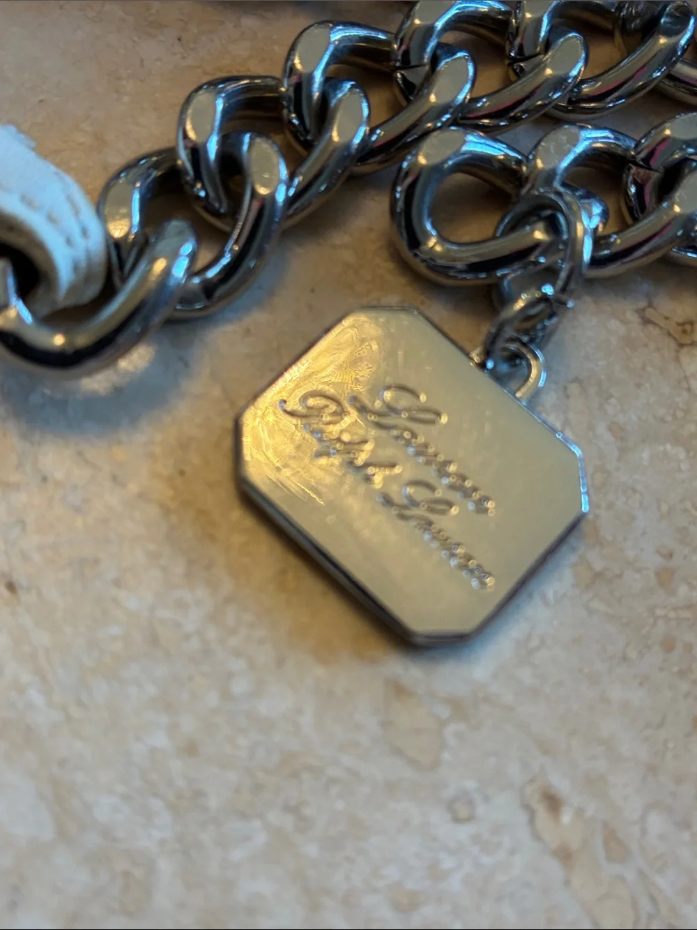 Lauren Ralph Lauren Belt Women S, White Leather Strap, Polished Silver Chain euc